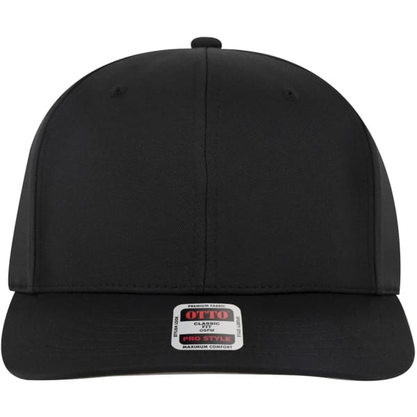 A black 6 panel pro style snapback hat featuring a logo on the front.