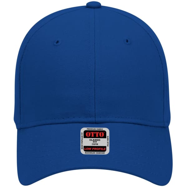 A blue 6 panel low profile baseball cap with an attached logo label on the front.