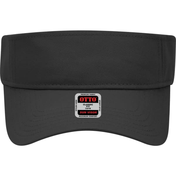 A black sun visor featuring a logo on the front and a wide, curved brim for sun protection.
