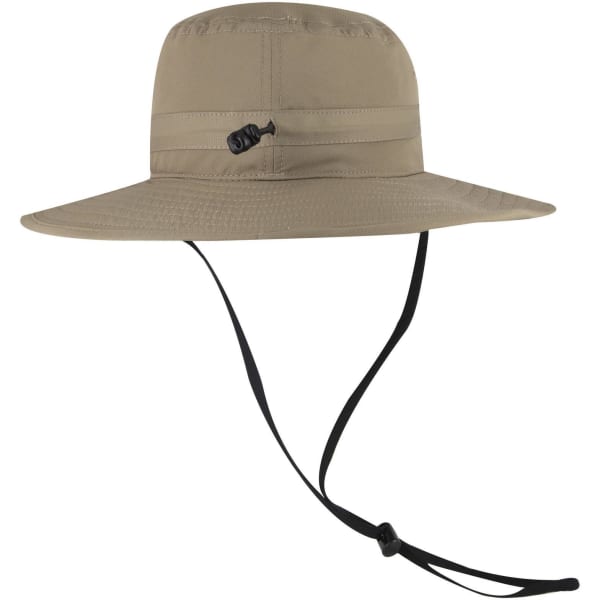A beige polyester pongee boonie hat with a wide brim and a chin strap, featuring a logo on the band.