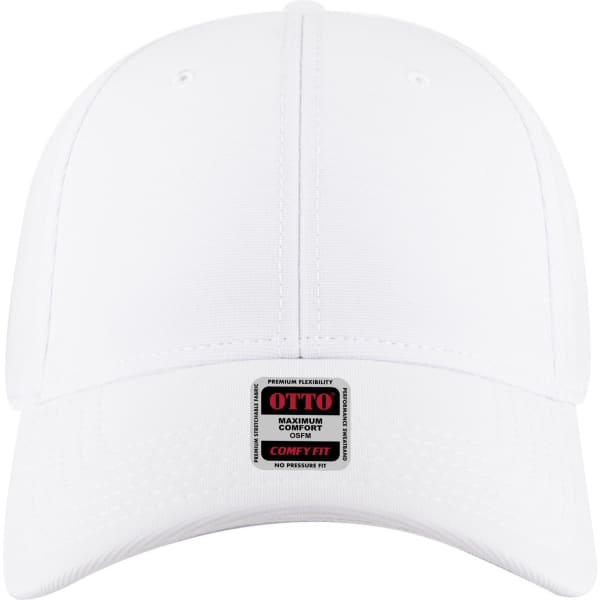 A white six-panel low profile baseball cap with a branded label on the front.