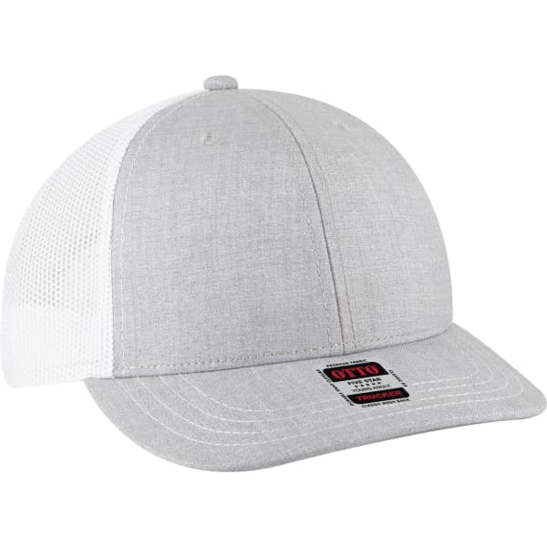 A grey 6 Panel Mid Profile Trucker Cap with a mesh back and a branded label.