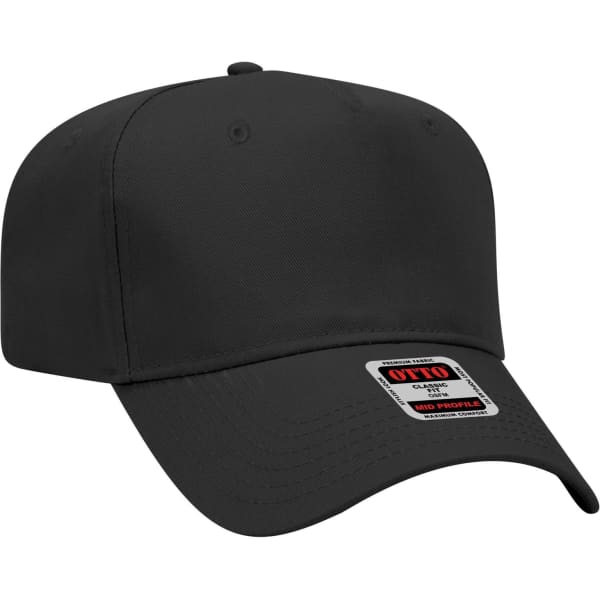 A black 5-panel mid crown baseball cap featuring a logo on the front. Suitable for various outdoor activities.
