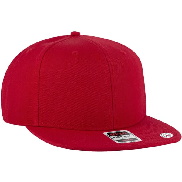 A red 6 panel mid-profile snapback cap featuring a logo on the front.
