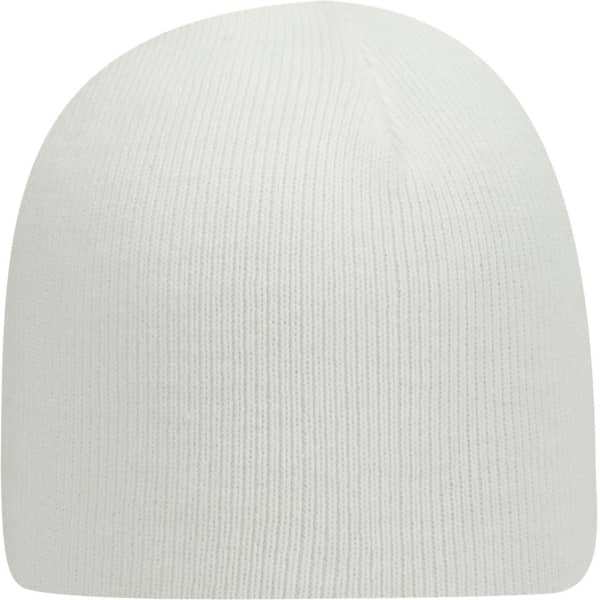 A classic knit beanie in white, featuring a snug fit and ribbed texture, with a logo.