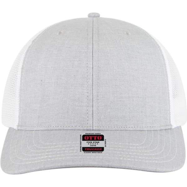 A grey mid-profile trucker cap with a white mesh back and a logo on the front.