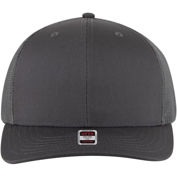 A grey 6 panel mid-profile trucker cap with a structured front and mesh back, featuring a small logo.