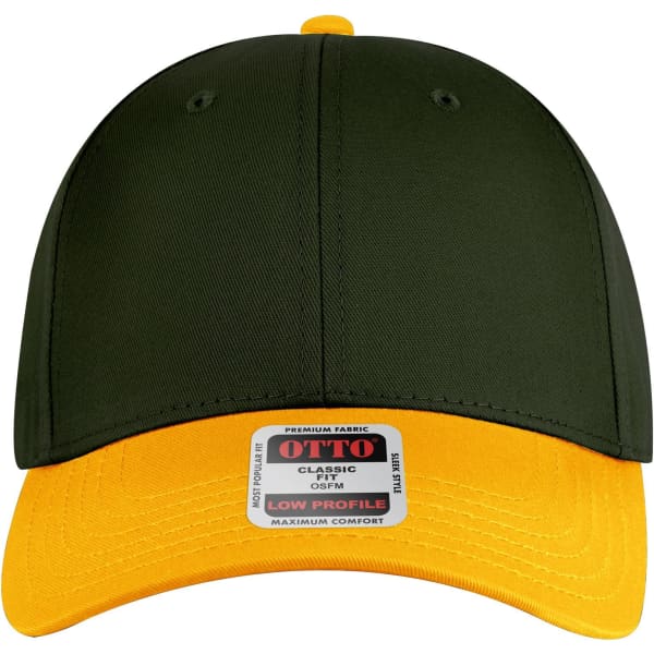 A low profile baseball cap featuring a dark green crown and a bright yellow peak, complete with a logo.
