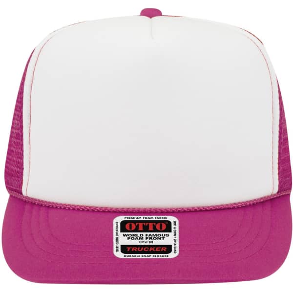 A pink and white 5 Panel High Crown Trucker Cap featuring a foam front and mesh sides, with a logo on the label.