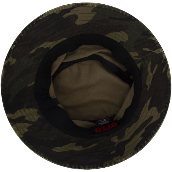 A bucket hat in a camouflage pattern, featuring an inner lining and a branded label.