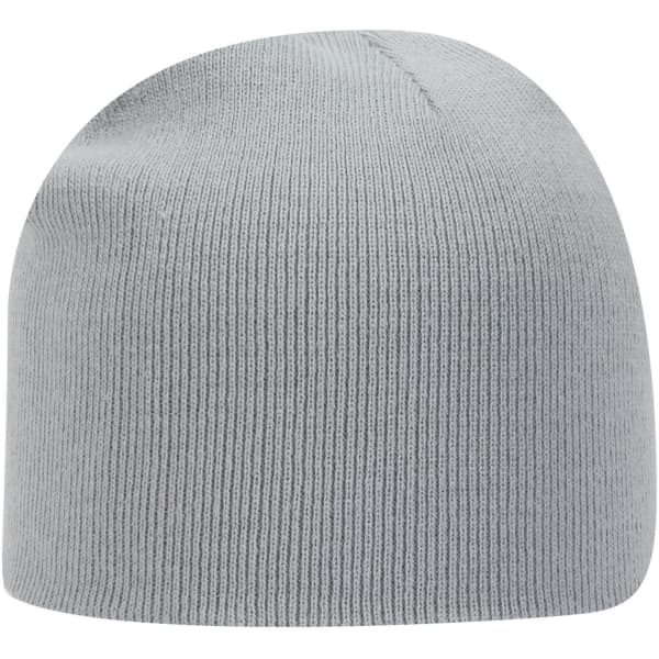 A classic knit beanie in light grey, featuring a snug, ribbed texture and a simple design with branding.