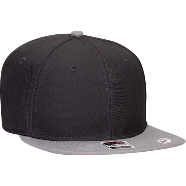 A snapback cap in dark grey with a grey undervisor, featuring a logo on the front.