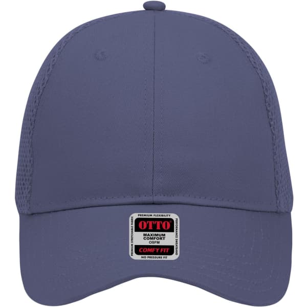 A low profile baseball cap in navy blue with a logo and mesh panels for breathability.