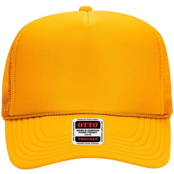 A bright yellow 5 Panel High Crown Trucker Cap featuring a mesh back and a logo on the front.