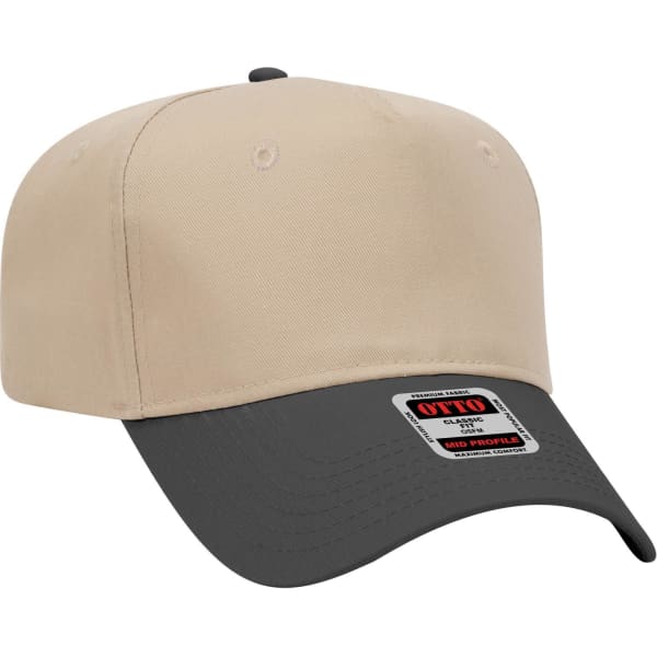 A beige and dark grey 5 panel mid crown baseball cap with a logo on the side.
