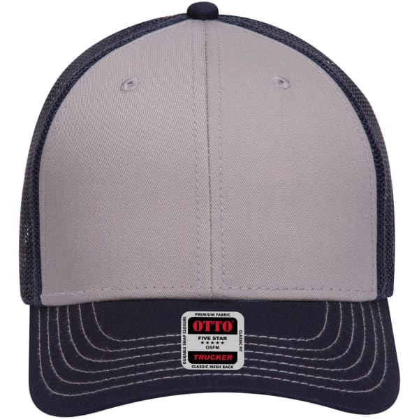 A low profile trucker cap in light grey and navy blue with a logo on the front panel.