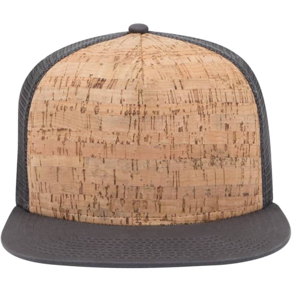 A 5 panel trucker cap featuring a cork front and a dark grey mesh back, with a branded logo.