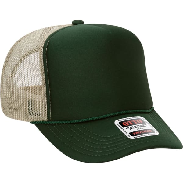 A green 5 panel high crown trucker cap with a mesh back and a branding label on the front.