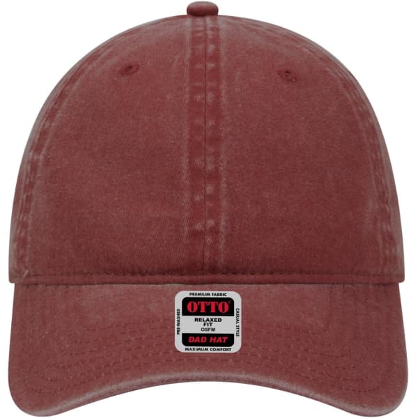 A maroon six-panel low profile dad cap with a curved brim and a logo on the front label.