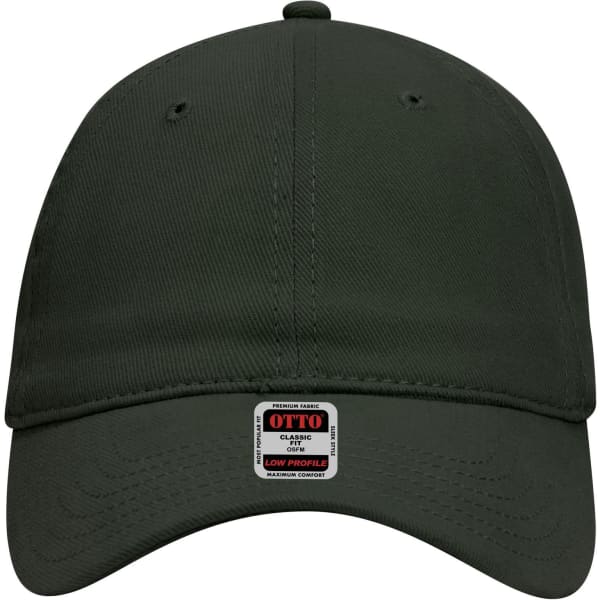 A dark green 6-panel low profile baseball cap with a logo on the front.