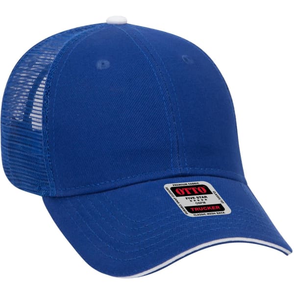 A blue low profile trucker cap with a mesh back and a branded label on the front.