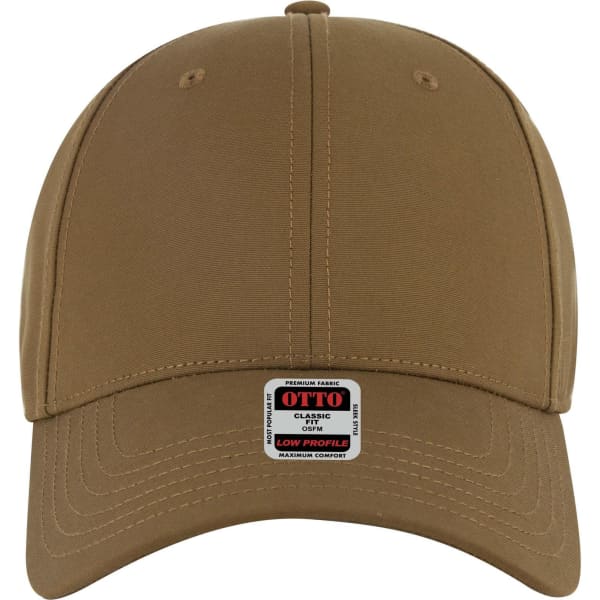 A low-profile, six-panel baseball cap in a tan colour with a branded label on the front.