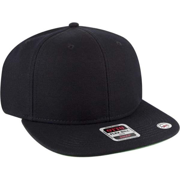 A black snapback cap with a flat brim and a green undervisor, featuring a logo on the side.