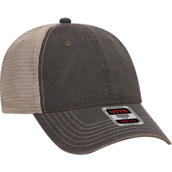 A low profile soft polyester baseball cap in dark brown with a beige mesh back and a logo tag on the front.