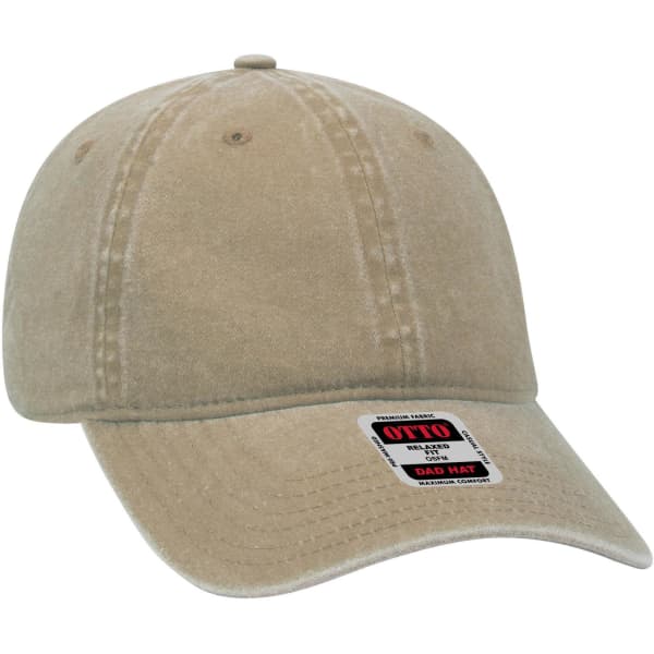 A low-profile dad cap in a light beige colour with a logo. Features a six-panel design.