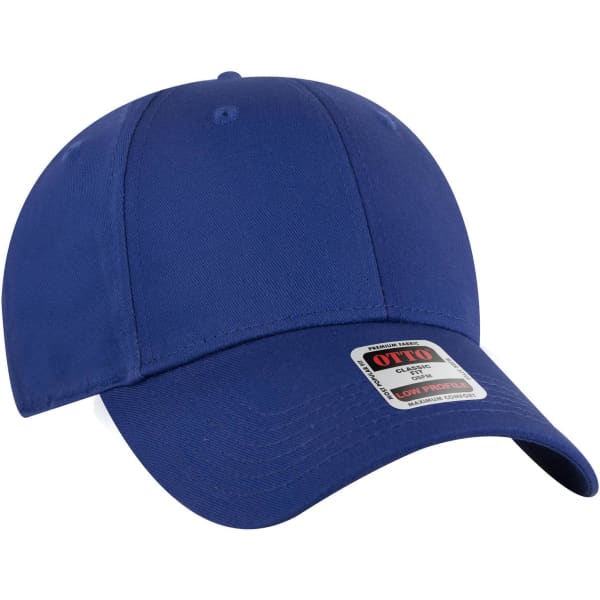 A blue six-panel low-profile baseball cap with a logo on the side.