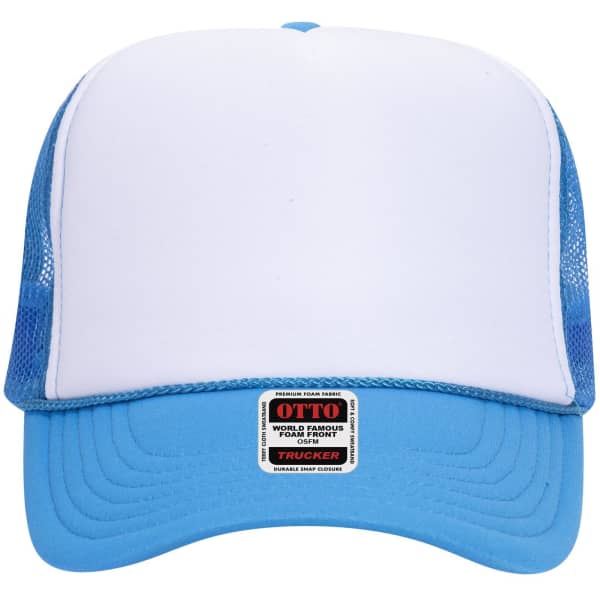 A blue and white 5 Panel High Crown Trucker Cap with a mesh back and a logo label on the front.