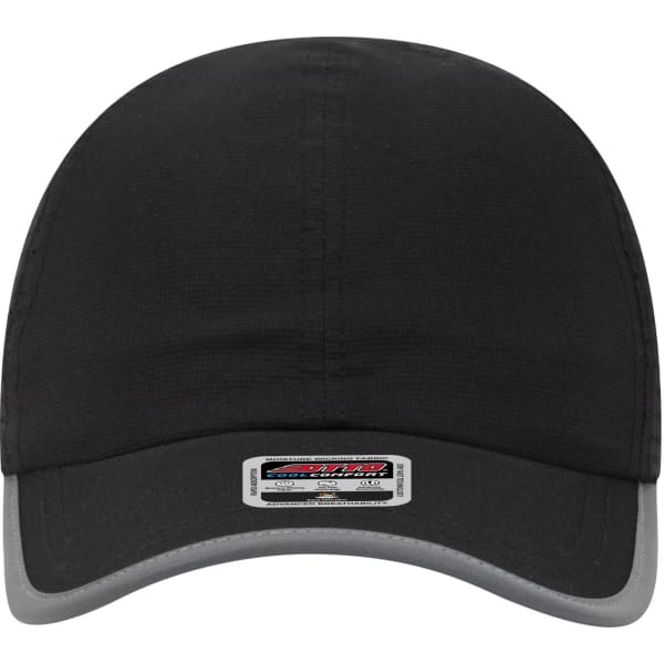 A black reflective 6-panel running cap with a grey brim, featuring a logo on the front.