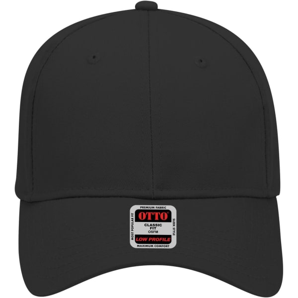 A black 6-panel low profile baseball cap featuring a branded label on the front.