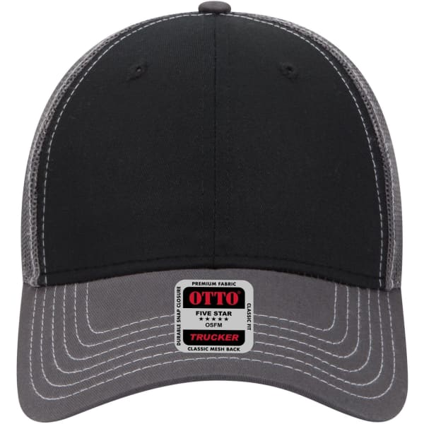 A black and grey 6 panel low profile trucker cap featuring a mesh back and a logo on the front.