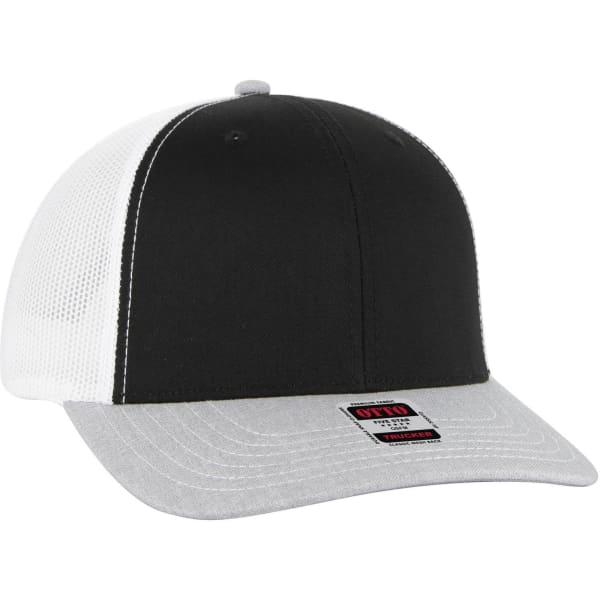 A black and white 6 panel mid profile trucker cap with a grey brim and a logo on the front.