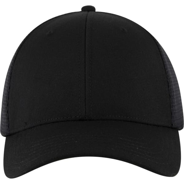 A black Flex Fit 6 Panel Low Profile Trucker Cap with a curved brim and mesh sides. It features a logo.