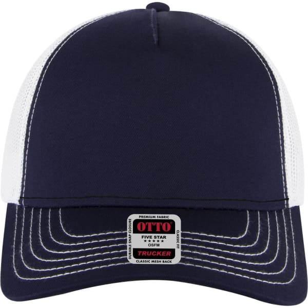A navy blue 5 panel low profile trucker cap with a white mesh back and a branding patch on the front.