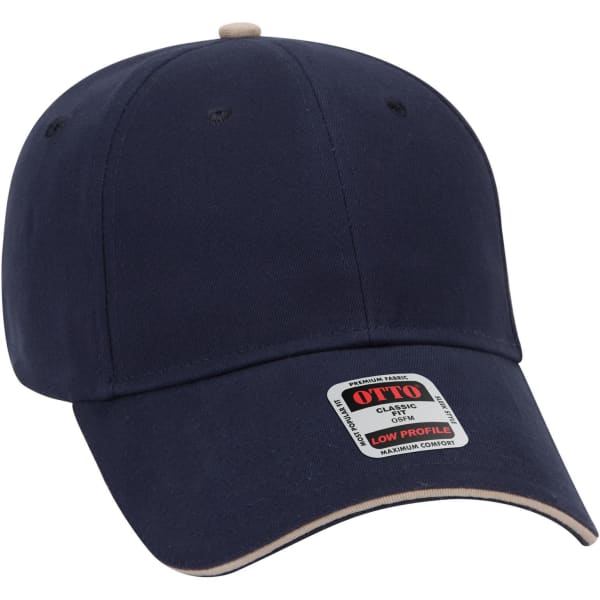 A navy blue 6 panel low profile baseball cap featuring a branded label on the front.