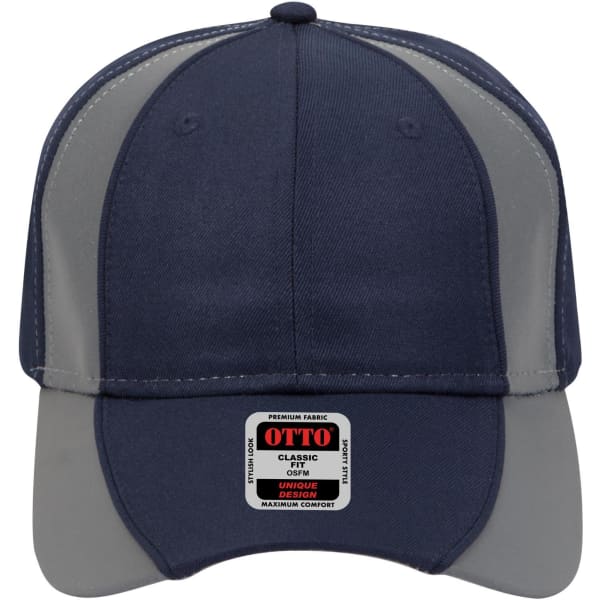 A navy and grey six-panel low profile baseball cap with a logo on the front.