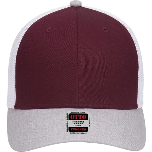 A maroon and grey low profile trucker cap with a branded label on the front.