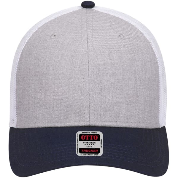 A low profile trucker cap featuring a grey front and a navy blue brim, with a logo on the front.