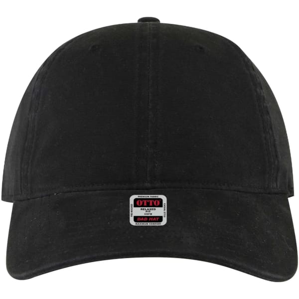 A black 6-panel low profile dad cap with a decorative logo on the front.