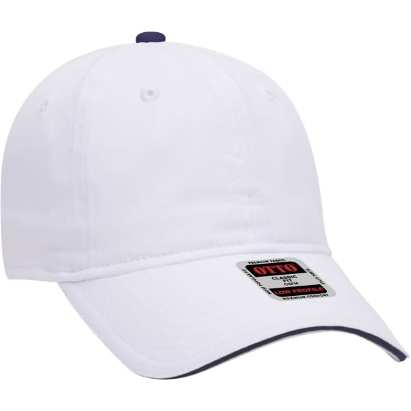 A white six-panel low profile baseball cap with a blue accent and a logo on the front.