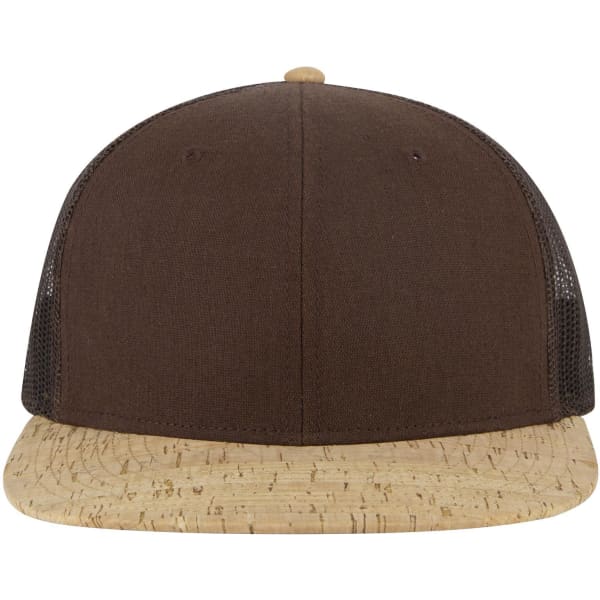 A brown trucker cap with a cork brim and mesh sides, featuring a logo on the front.