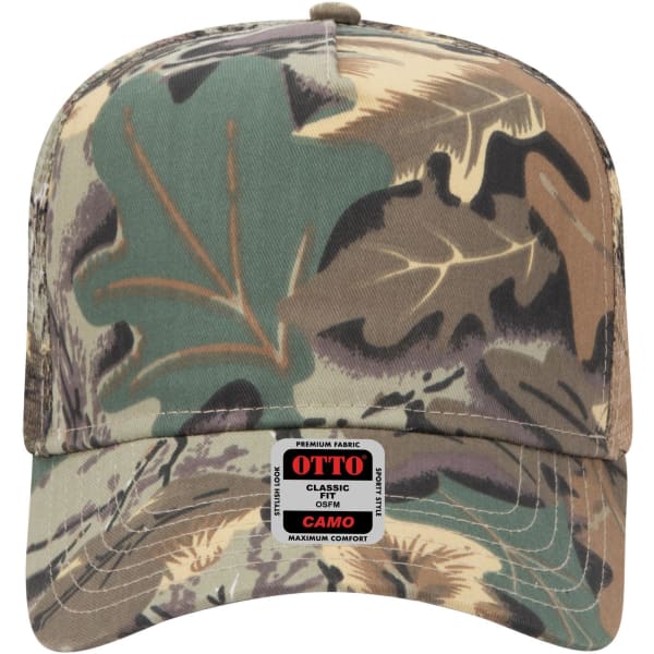 A camo-patterned five-panel mid crown trucker cap in shades of green and brown, featuring a logo on the front.