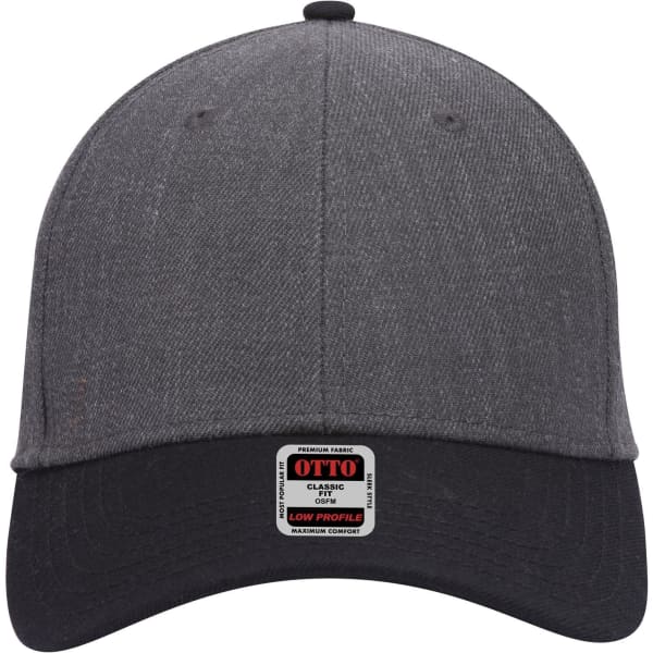 A grey low profile baseball cap with a black brim and a logo tag on the front.