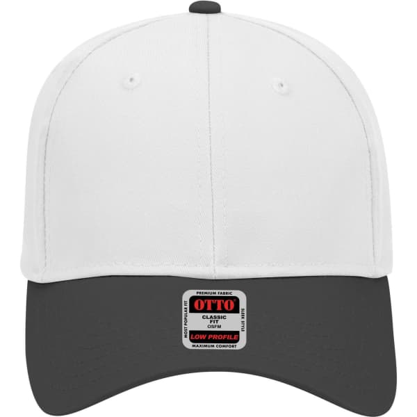 A low profile baseball cap featuring a white crown and a black brim, with a logo on the front.