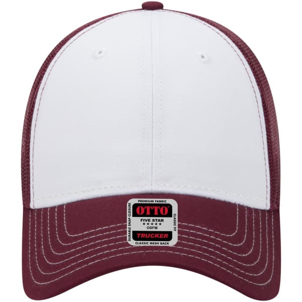 A maroon and white 6 panel low profile trucker cap featuring a logo. The front is white with a maroon brim.