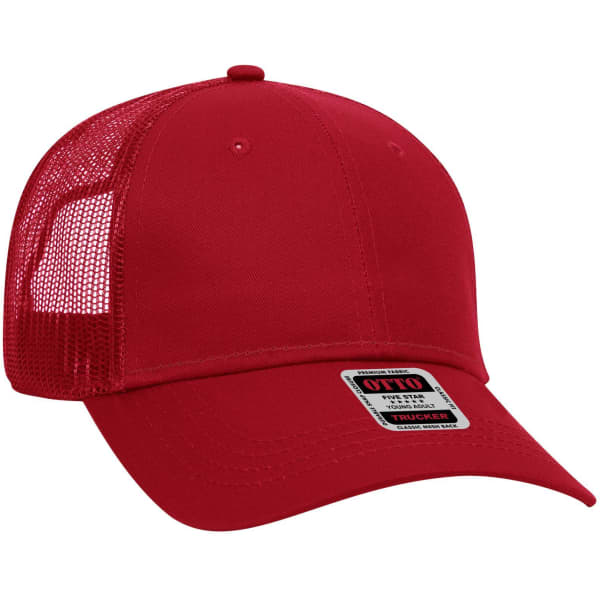 A red 6 panel low profile trucker cap with mesh sides and a branded label on the front.