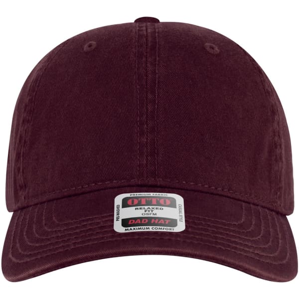 A maroon 6-panel low profile dad cap with a curved brim and a logo label on the front.